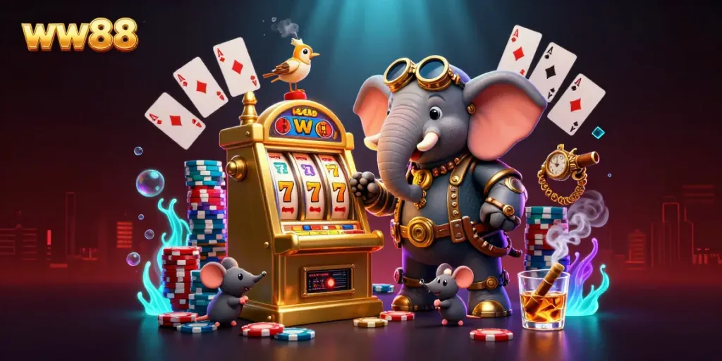 Experience intense gaming at ww88 with a playful steampunk elephant and dynamic casino elements.