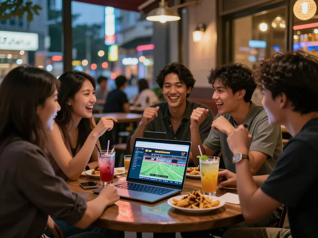 Group discussing peh888 betting strategies at nightlife cafe