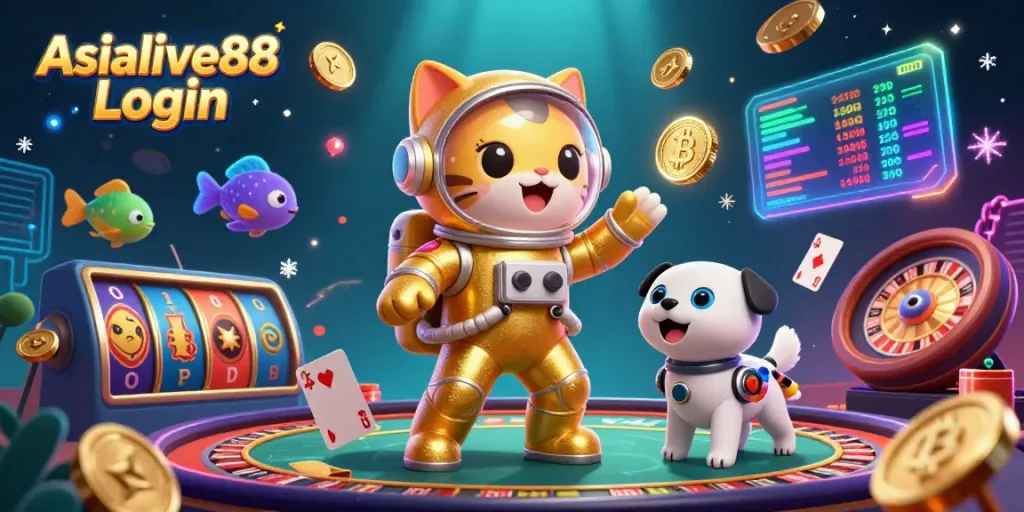 Engage with Asialive88 Login while enjoying a colorful digital casino scene featuring vibrant game elements and characters.