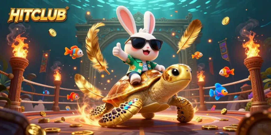 HITCLUB celebrates with a lucky rabbit and a golden turtle amidst colorful casino elements.