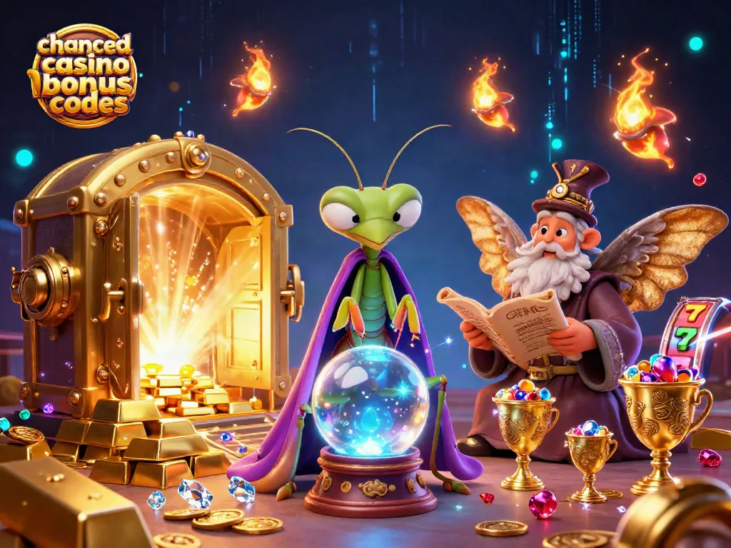 Experience free play with chanced casino bonus codes in an enchanting 3D scene filled with treasures and vibrant casino symbols.