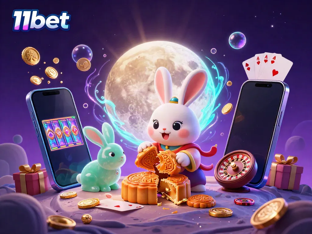 Experience 11bet's vibrant gaming atmosphere with a moon rabbit and delightful casino elements in a stunning illustration.