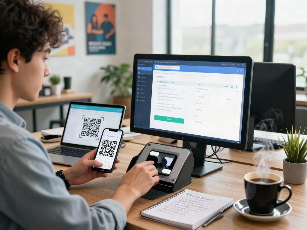 Person interacting with digital qris slot payment interface in vibrant workspace.
