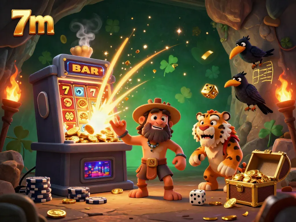 Experience the lively atmosphere of 7m with a cartoon caveman and sabertooth in a dynamic casino scene.
