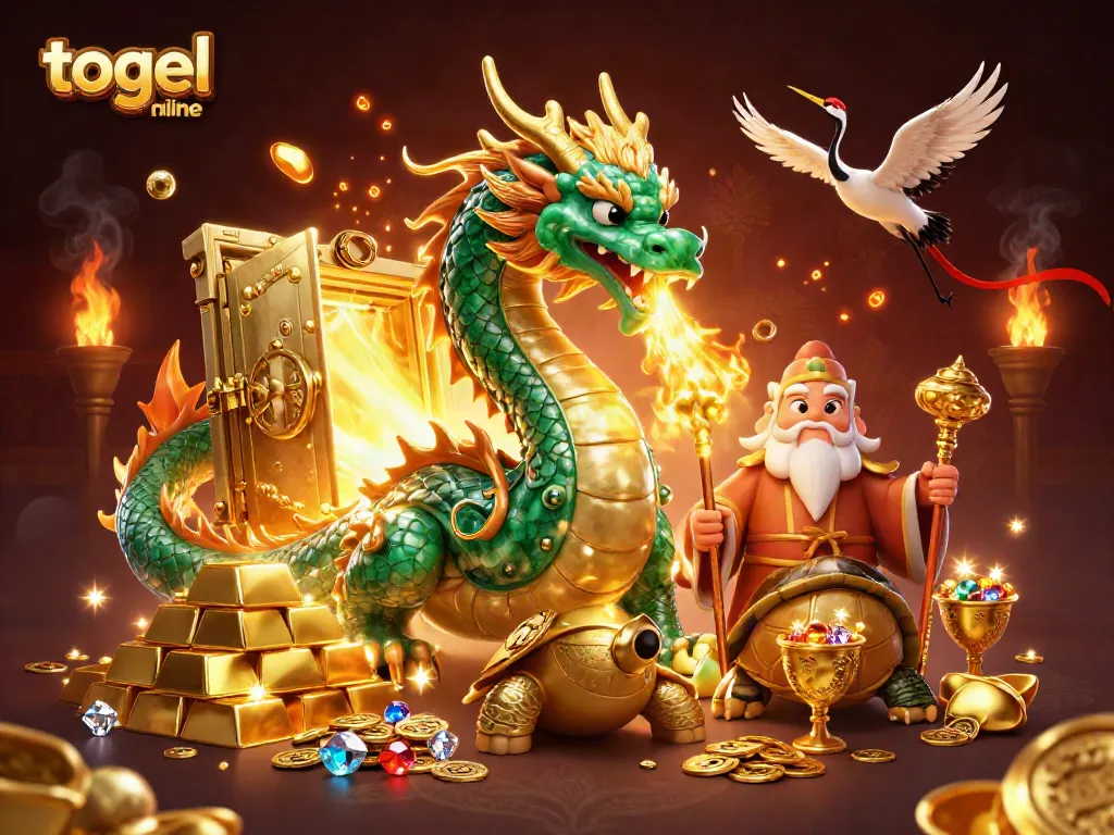 Togel online menyajikan suasana keberuntungan dengan naga jade, kura-kura bijak, dan burung crane diantara kekayaan emas.