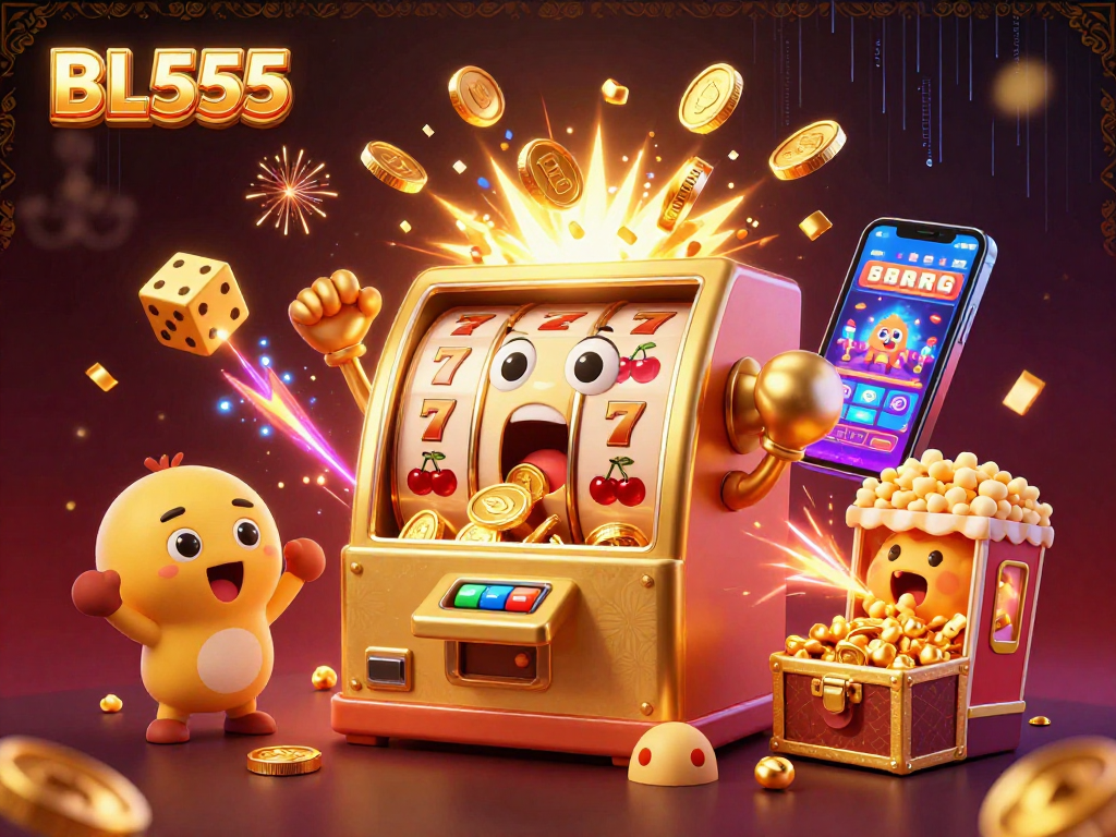 Experience big wins at BL555 with a golden slot machine hitting a jackpot amidst flying coins and vibrant casino elements.
