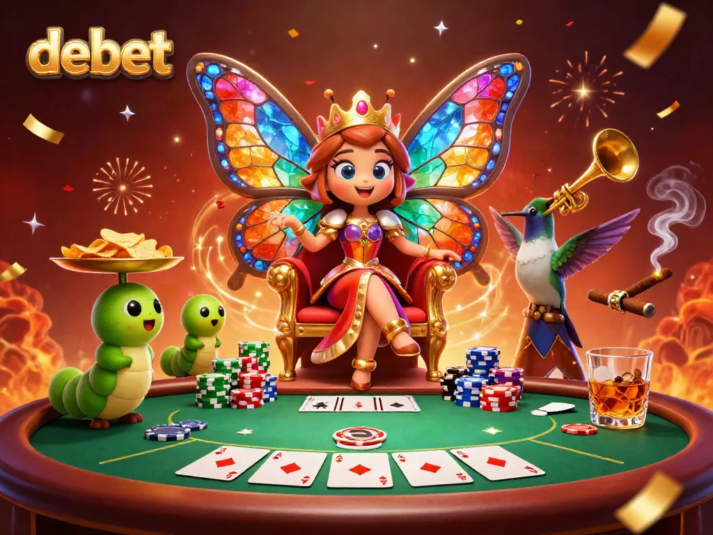 Engage in thrilling moments with Debet's vibrant casino atmosphere featuring poker elements and a majestic butterfly queen.