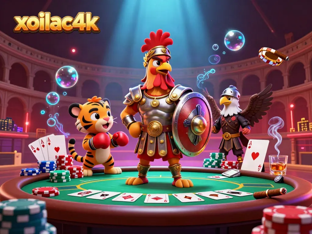 Experience thrilling poker action with xoilac4k's colorful casino scene featuring a gladiator rooster.
