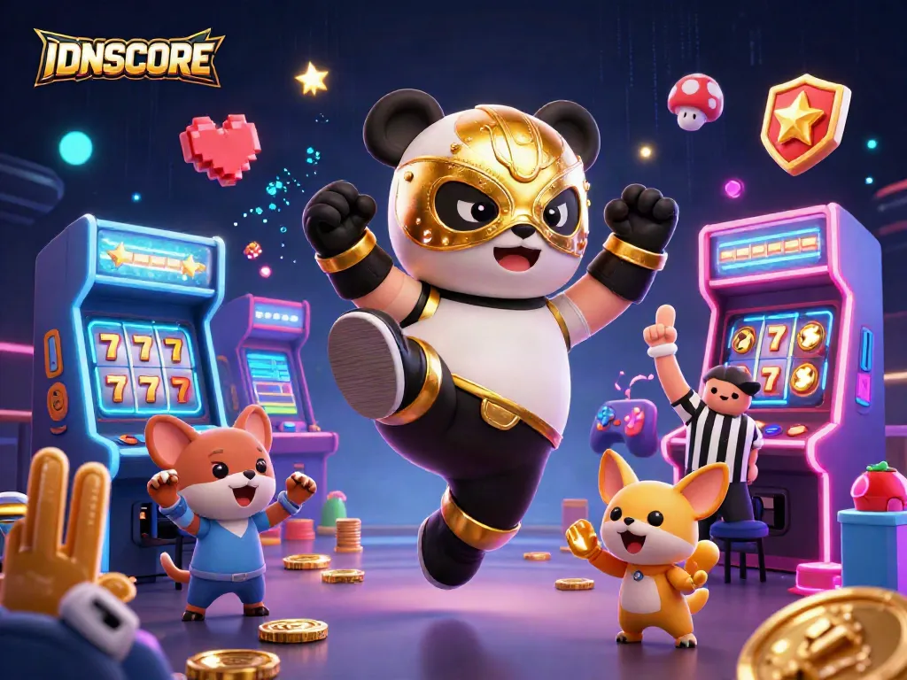 IDNSCORE showcases thrilling slot action with a panda wrestler in a dynamic casino scene.