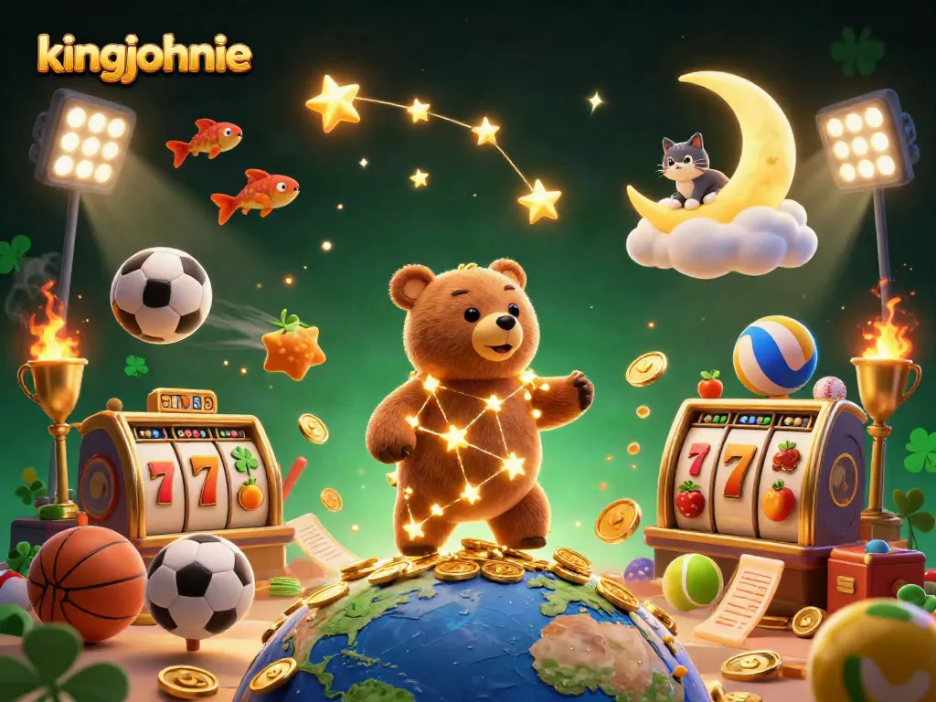 Score big at kingjohnnie with a constellation bear, slot reels, and dazzling coins.