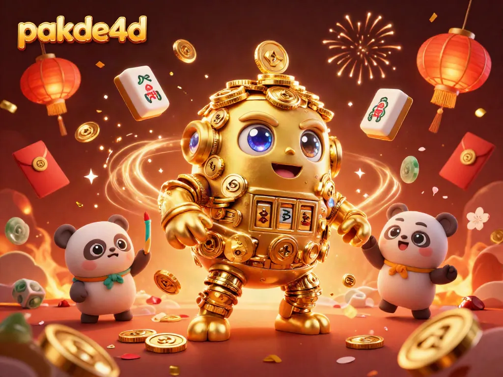 Engage with pakde4d's thrilling 3D representation of online lottery gaming with a golden golem and festive symbols.