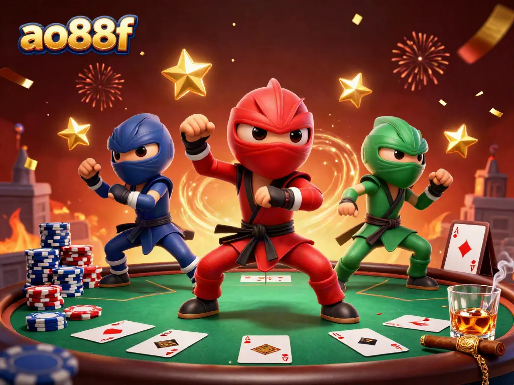 Engaging scene of ao88f's colorful chameleons performing martial arts amid poker excitement.