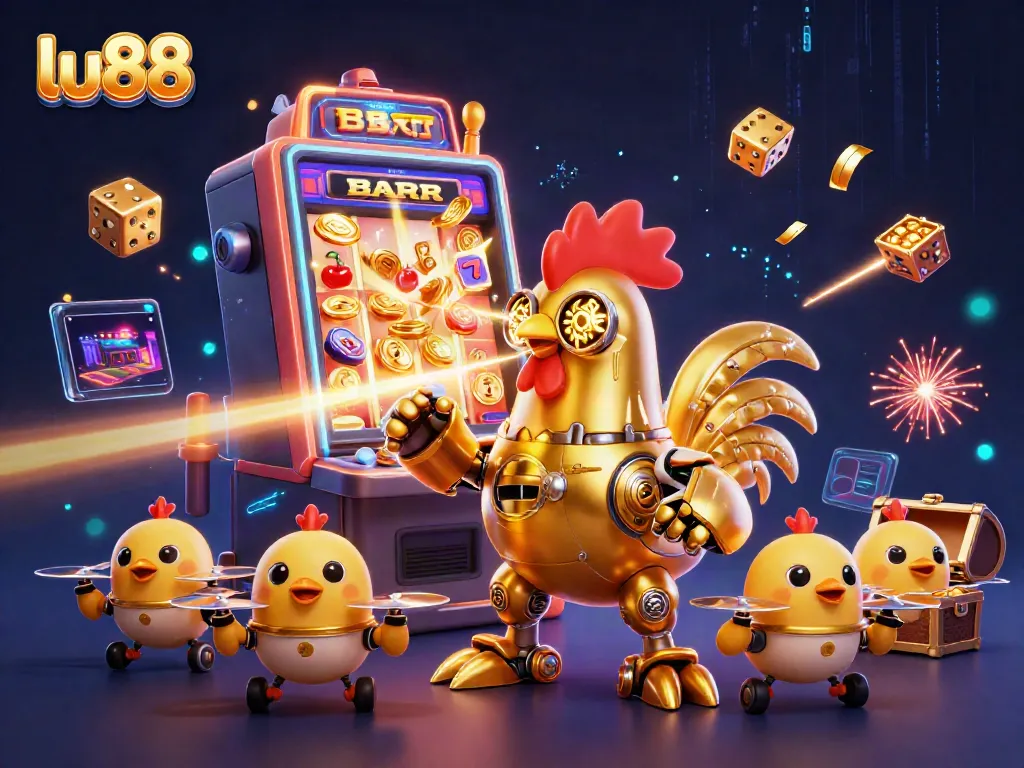 Experience thrilling casino action with lu88 through a vibrant 3D illustration showcasing jackpot slots and characters.