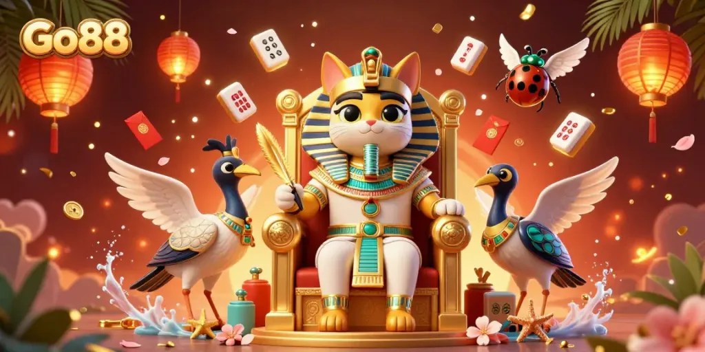Engage with Go88's vivid gaming world through this dynamic illustration showcasing Egyptian-themed characters and casino elements.