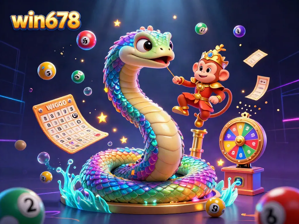 Engage with win678 through a vibrant illustration showcasing a rainbow serpent and monkey king among lottery elements.