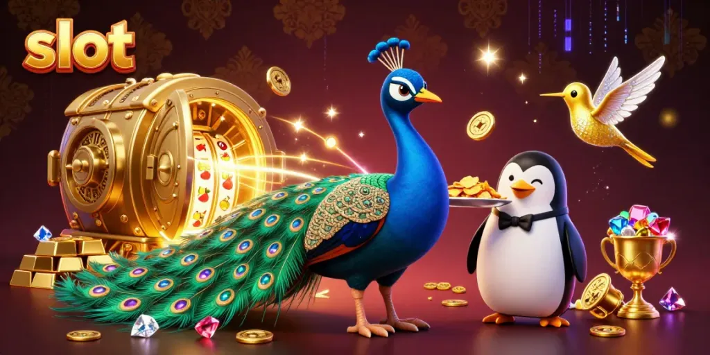 Experience the thrill of slot games with vibrant scenes of a peacock and gems amidst golden treasures.
