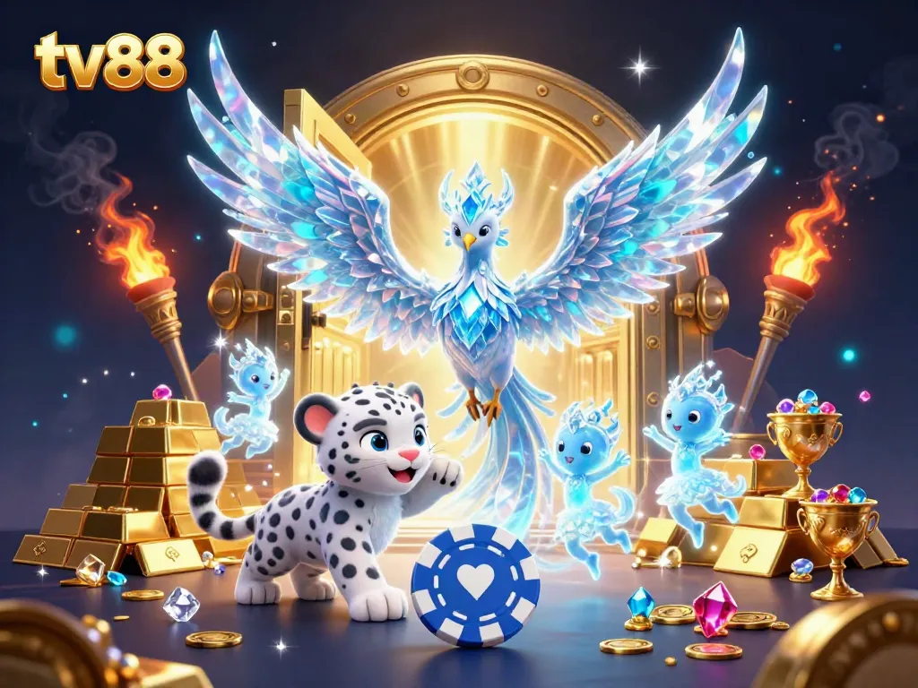 Experience thrilling gaming action at tv88 with a vibrant scene featuring a phoenix, snow leopard cub, playing cards, and shimmering treasures.