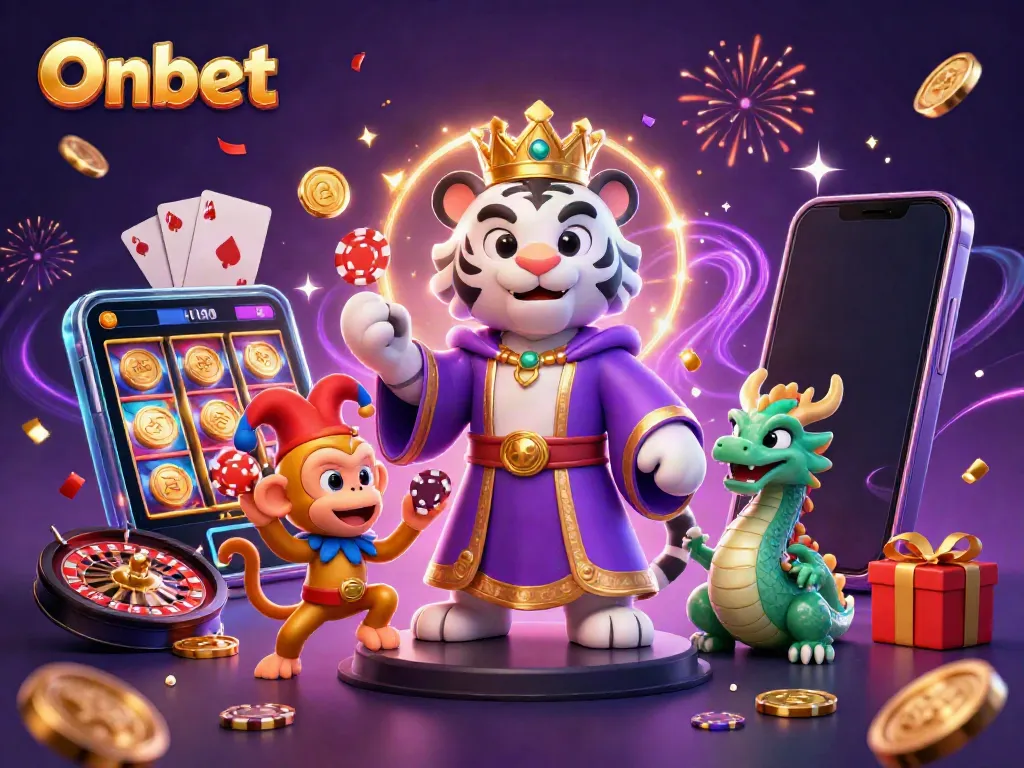 Experience the vibrant Onbet casino scene with a royal tiger, jester monkey, and lively elements.