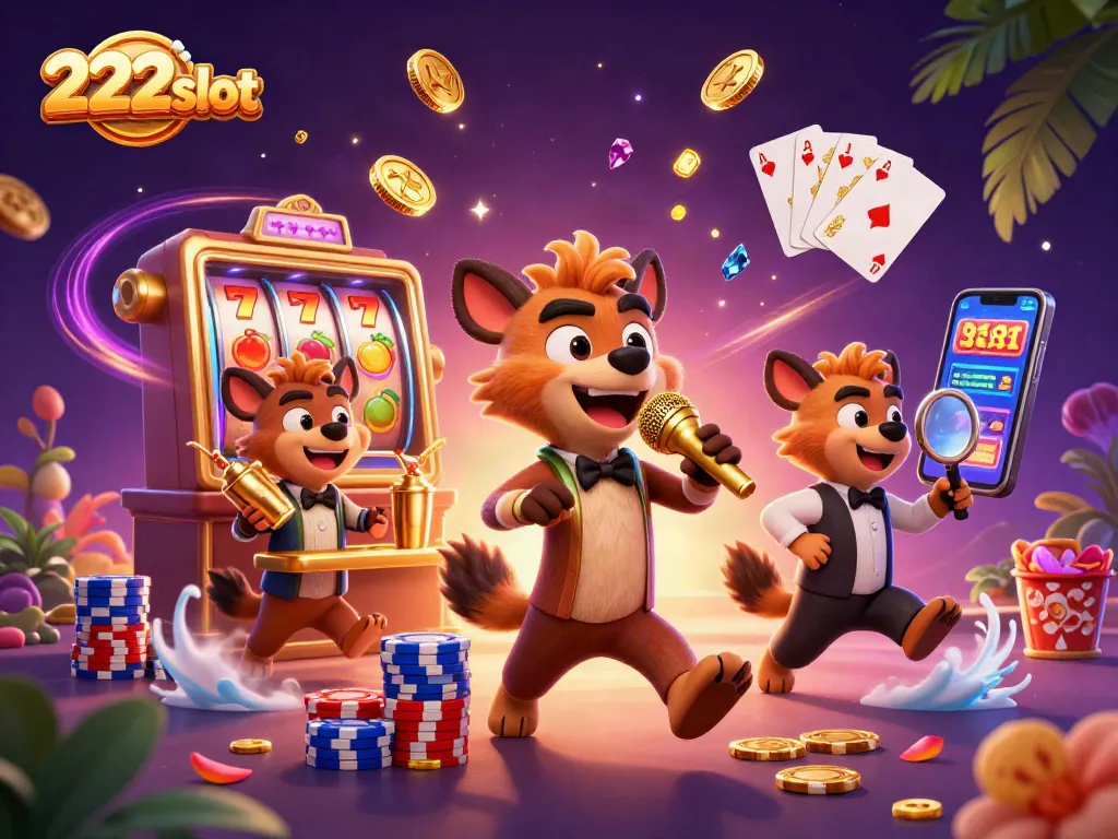 Menangkan jackpot di 222slot dengan ilustrasi kasino ceria dan karakter humoris.