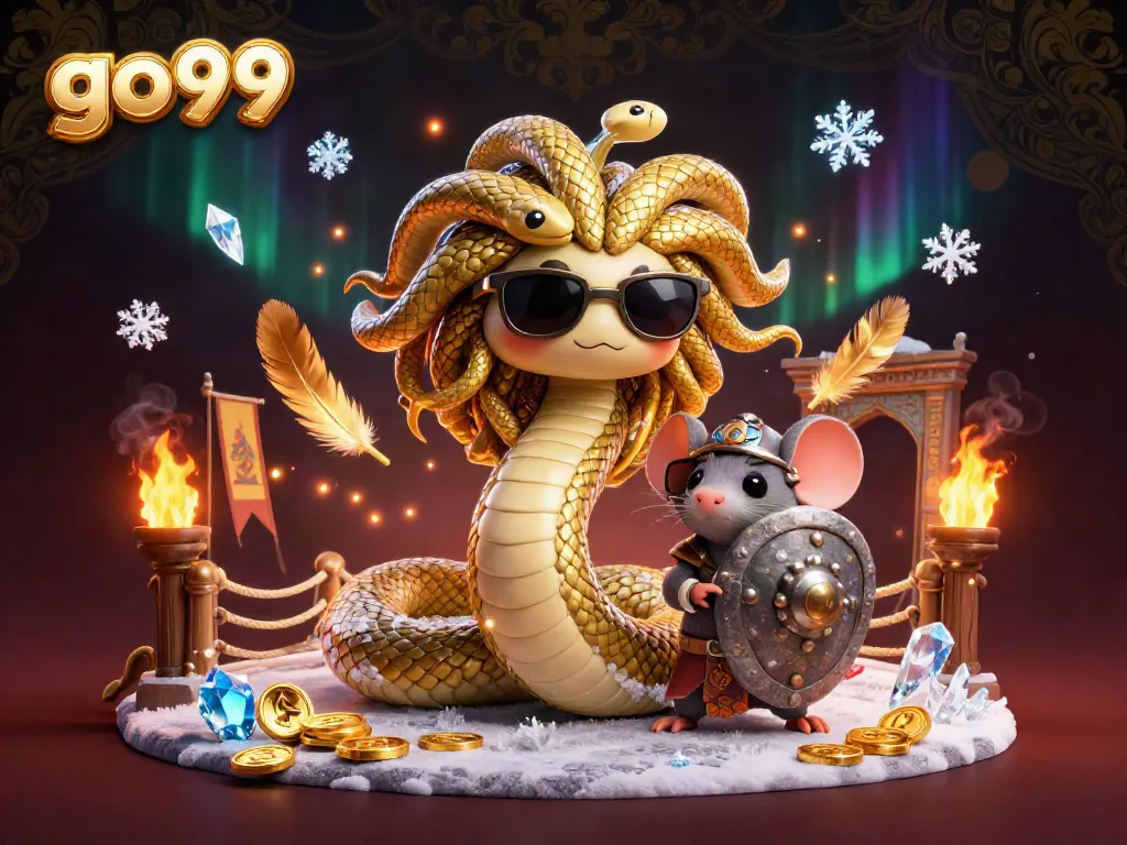 Experience the vibrant energy of go99 with a playful Medusa and warrior in a dynamic casino scene.
