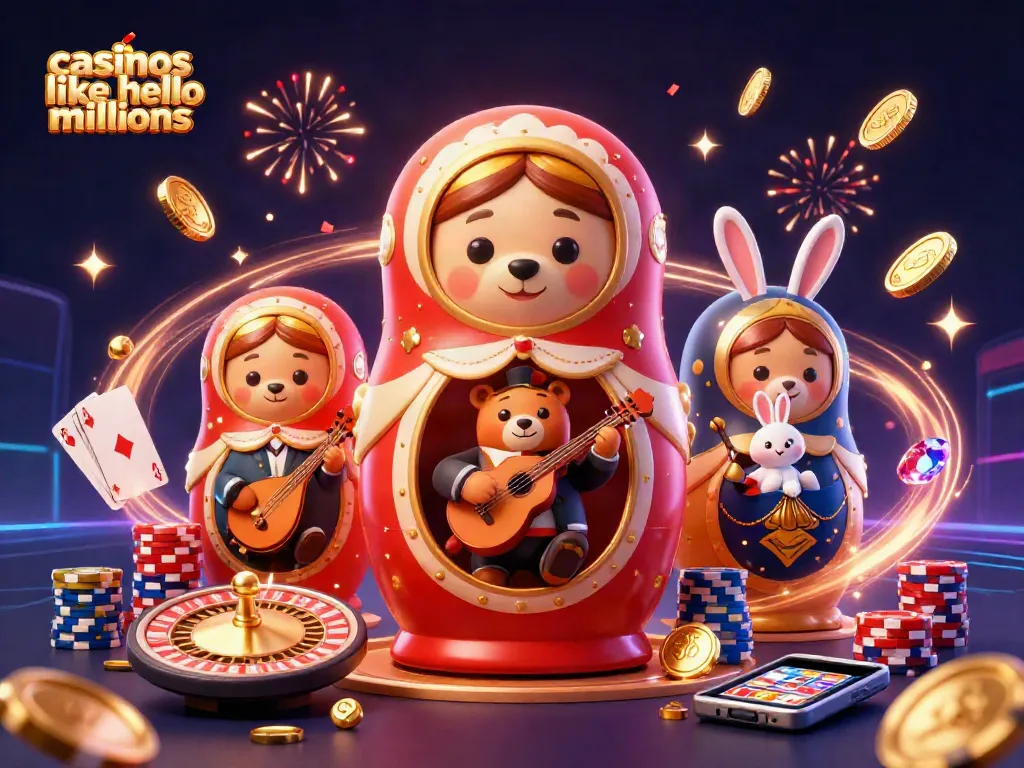 Experience casinos like hello millions with vibrant casino-themed illustration featuring playful characters and game elements.