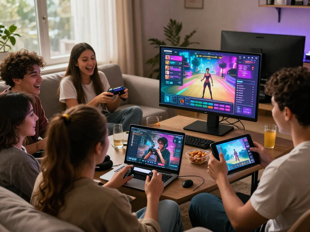 Group enjoying diverse sexgames on multiple devices in a cozy gaming setup.