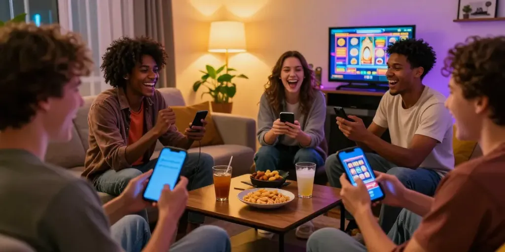 Friends enjoying luxury12 slot game on mobile in a cozy setting.