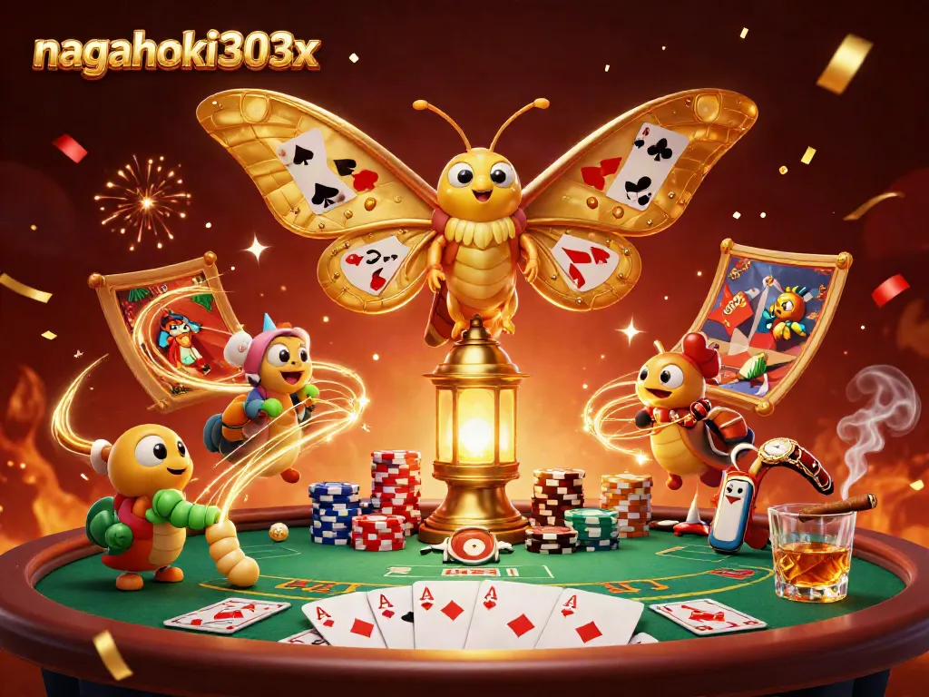 Rasakan keseruan judi di nagahoki303x dengan ilustrasi 3D yang menampilkan kupu-kupu atlas dan elemen kasino.