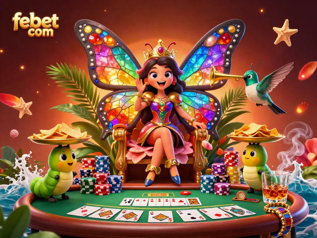 Engage in thrilling gameplay at febet com with this vibrant casino scene featuring a butterfly queen and poker elements.