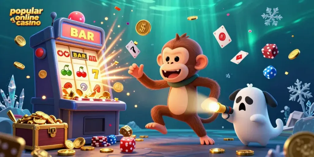 Experience the thrill at a popular online casino with a playful poltergeist monkey and a curious puppy.