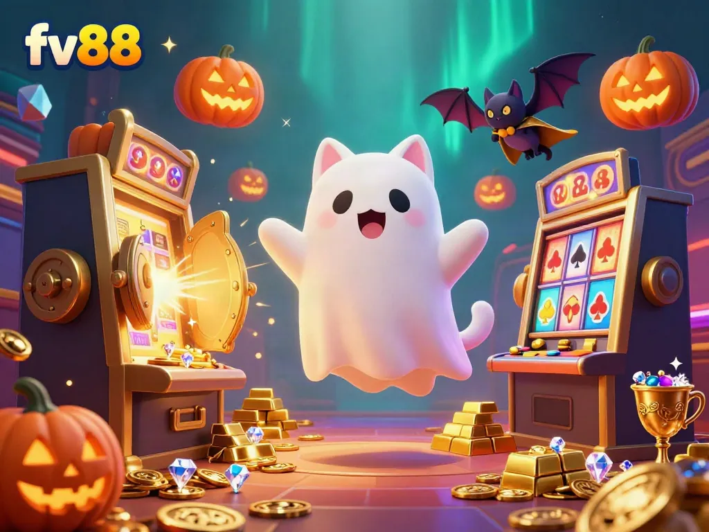 Experience the vibrant world of fv88 with a friendly ghost cat, a bat companion, and glowing pumpkins in a rich casino setting.