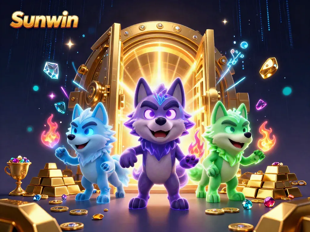 Experience the thrill of Sunwin with this captivating 3D casino illustration featuring magical wolves and treasure!