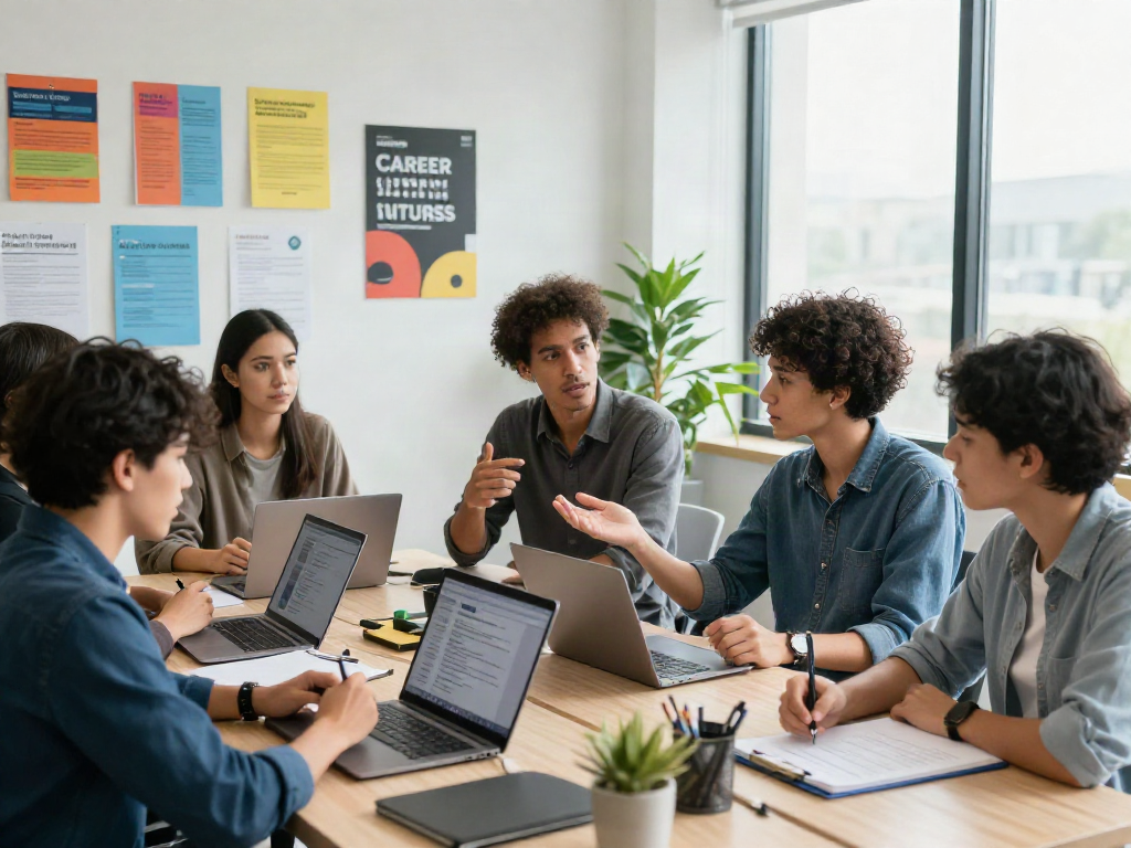 Job seekers collaborating during their หางาน journey in a modern office.