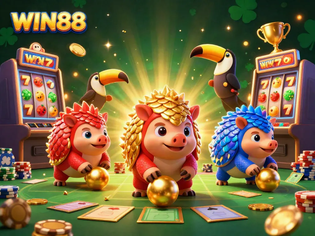 WIN88 pangolins competing in a vibrant casino scene with slot machines and golden confetti.