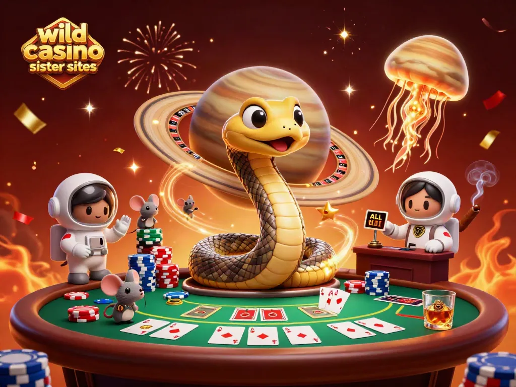 Engage with wild casino sister sites visually as astronaut mice place bets on a cosmic roulette wheel.