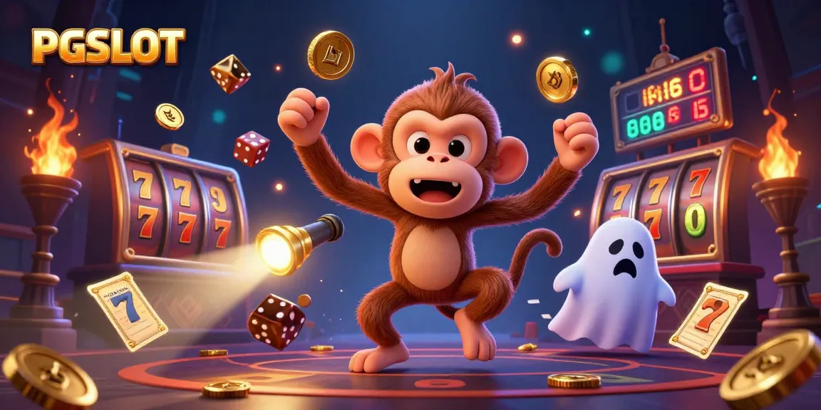 Experience PGSLOT's dynamic world with golden jackpots and lively characters in a haunted casino scene.