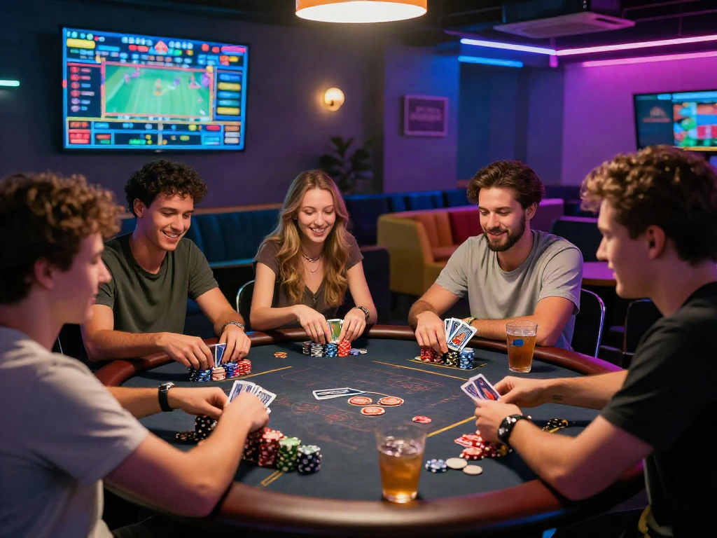 Engaged friends at a high-stakes table enjoying harga toto in a vibrant gaming lounge.