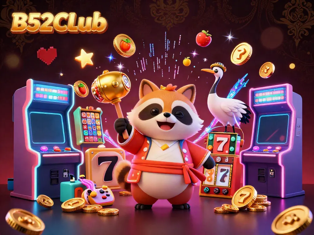 Experience the vibrant gaming universe of B52CLub with a lucky tanuki and dynamic slot machines.