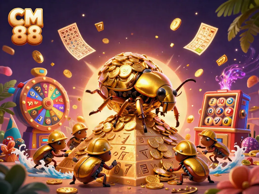 Experience the thrill of CM 88 with vibrant slot reels and golden coins in a dynamic scene.