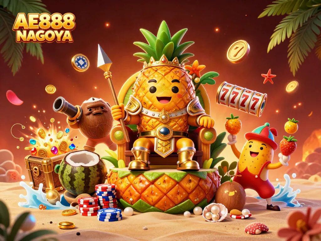 Engage with AE888 NAGOYA at a vibrant beach casino scene featuring cartoon characters and gaming elements.