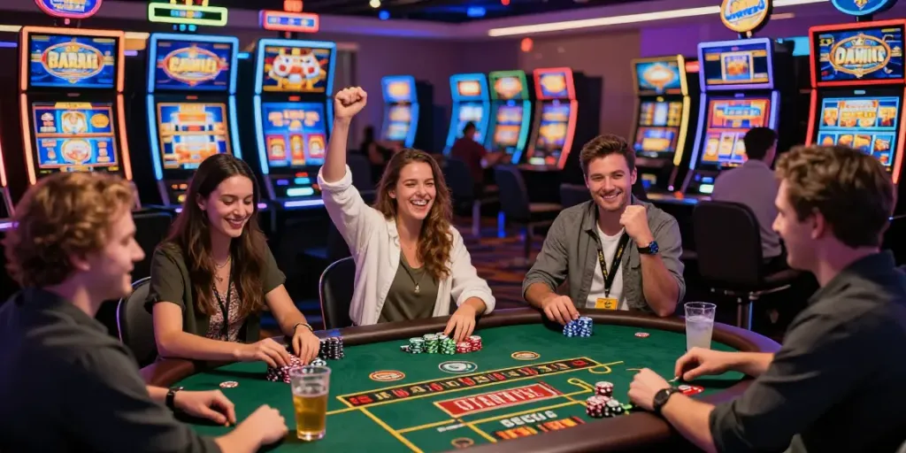 Hotslots Casino Spieler genießen aufregende Casinospiele in einer lebhaften Umgebung.