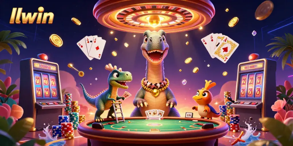 Experience thrilling gameplay at llwin as a towering brontosaurus overlooks a vibrant casino scene.