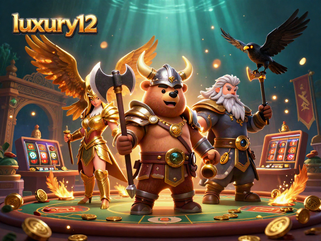 Engage with luxury12 gaming challenges in this vibrant 3D casino illustration featuring dynamic characters and elements.