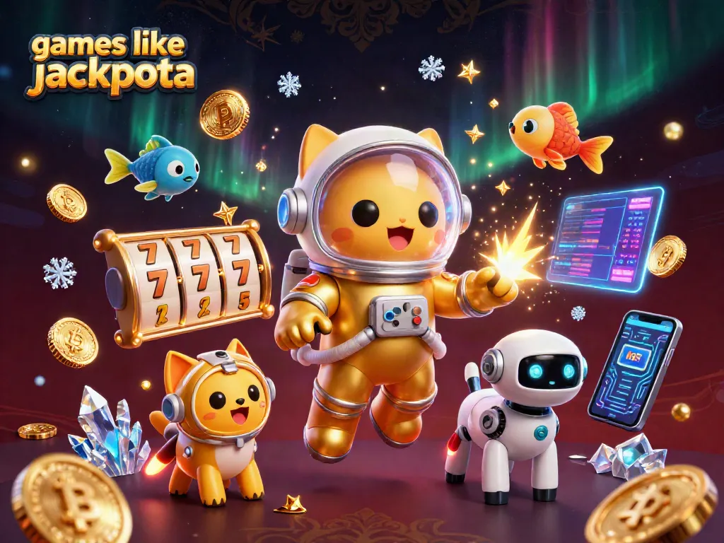 Play with exciting games like jackpota in a vibrant 3D casino illustration featuring cats and crypto elements.