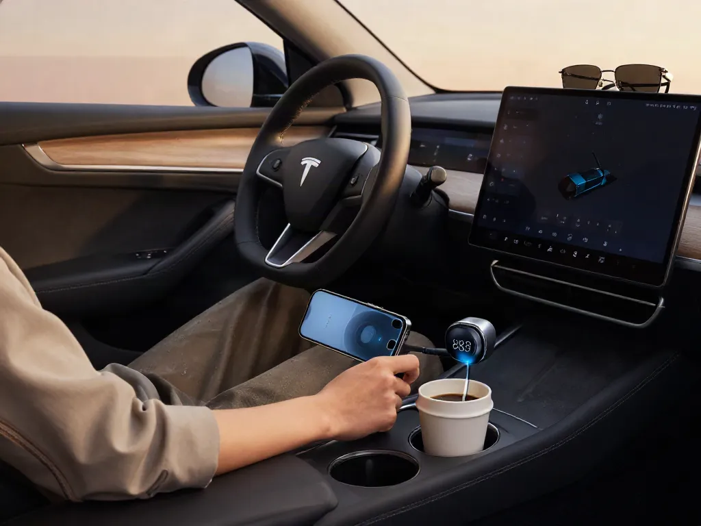 Pengguna menggunakan air88 adaptor aux Bluetooth di dalam mobil modern dengan interior stylish.