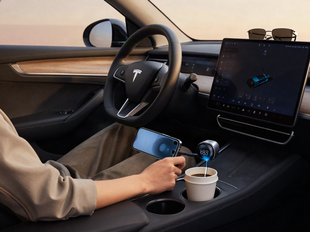 Pengguna menggunakan air88 adaptor aux Bluetooth di dalam mobil modern dengan interior stylish.