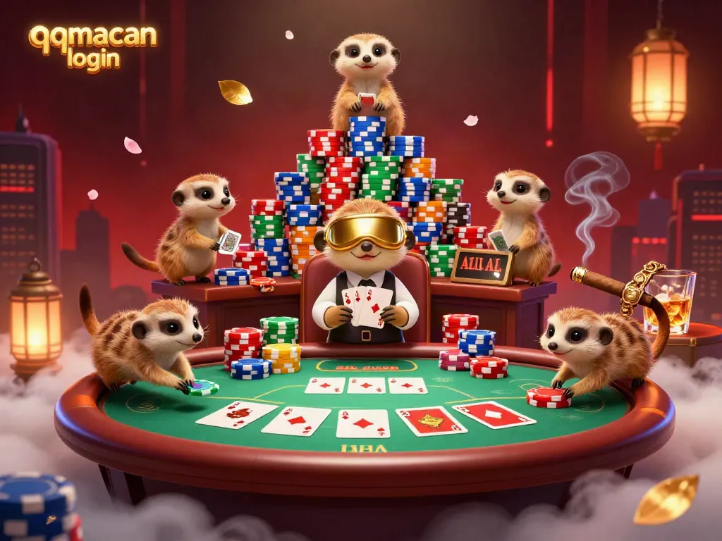 Experience the excitement of the qqmacan login casino with meerkats managing poker games amidst vibrant chips and lights.
