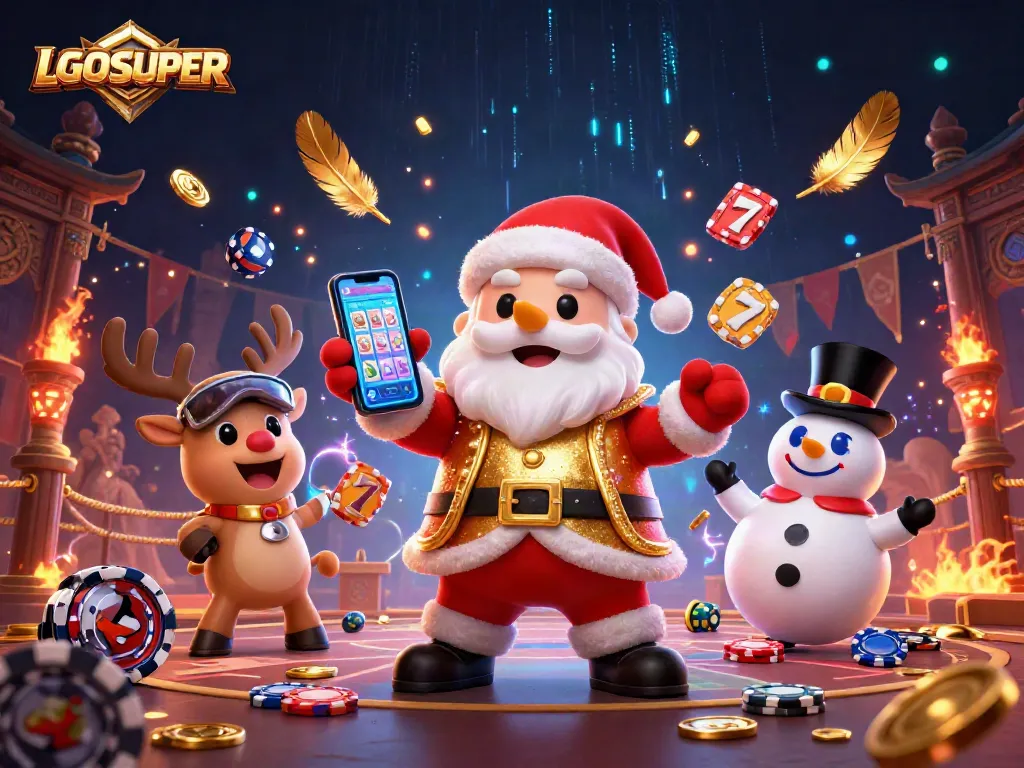 Engage with LGOSUPER in this vibrant 3D casino scene featuring Santa, his reindeer, and a snowman!