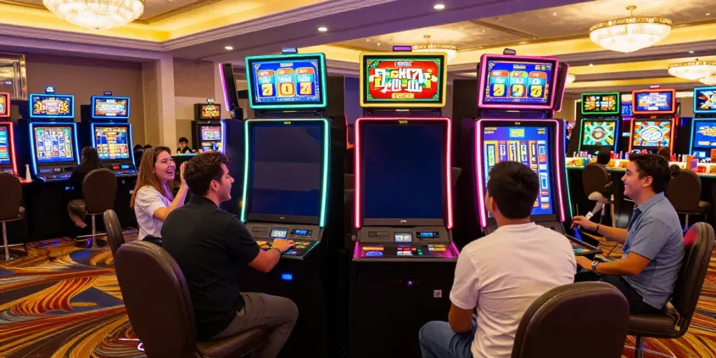 Exciting casino gaming experience with players enjoying Lucky777 slot machines in vibrant atmosphere.