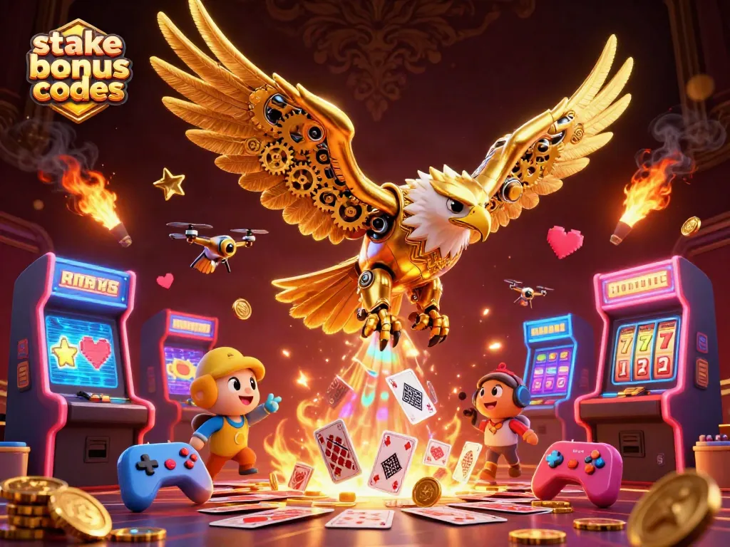 Engage with stake us bonus codes in an expansive 3D casino illustration showcasing golden eagles, holographic cards, and vibrant game elements.